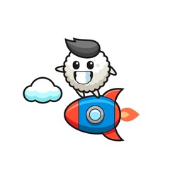 rice ball mascot character riding a rocket