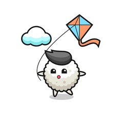 rice ball mascot illustration is playing kite
