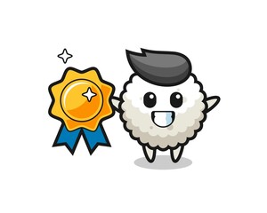 rice ball mascot illustration holding a golden badge