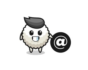 Cartoon Illustration of rice ball standing beside the At symbol