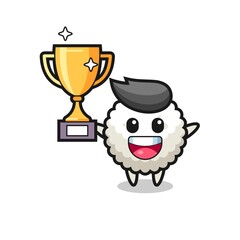 Cartoon Illustration of rice ball is happy holding up the golden trophy