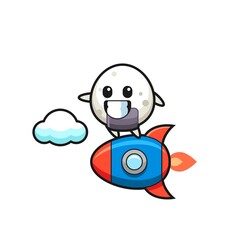 onigiri mascot character riding a rocket
