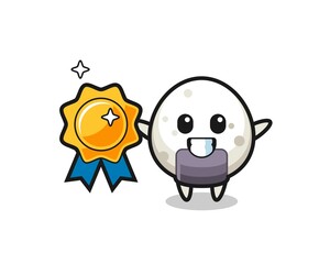onigiri mascot illustration holding a golden badge