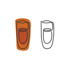 One line drawing rum glass on white background. Two kinds colored cartoon graphic sketch and black white. Continuous line way. Hand drawn party drinks concept. Freehand drawing style