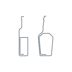 Bottle continuous line vodka and whiskey in linear style on white background. Solid black thin outline. Modern flat style graphic design. Logo element illustration. Contour drink symbol