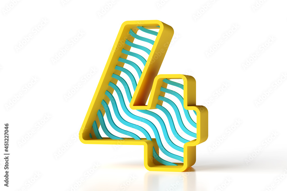 Poster hi-res and realistic plastic lettering render. number 4 yellow and blue matte painted with a pattern