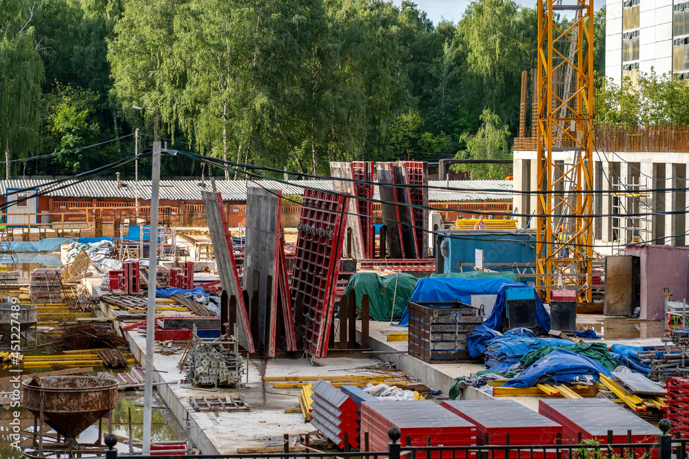 Poster pit construction site with formwork and reinforcement. steel reinforcement structure of rebars for c