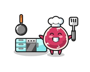 beef character illustration as a chef is cooking