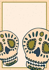 Composition of colorful skulls over frame and beige background
