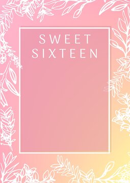 Composition of birthday party text over plants icons on pink backgtound