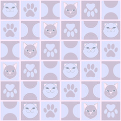 Pattern depicting cat heads, paws and abstract shapes. For background and color printing.