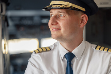 Close up portrait of cheerful male pilot in uniform and hat smiling away while posing, standing...