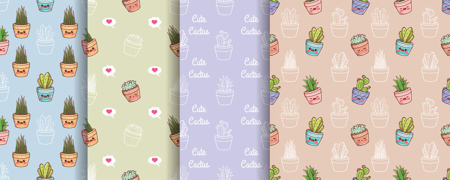 set of cute cactus cartoon character seamless pattern