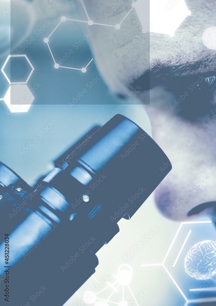 Poster composition of molecules and science icons over scientist using microscope