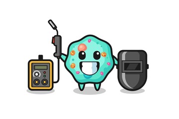 Character mascot of amoeba as a welder