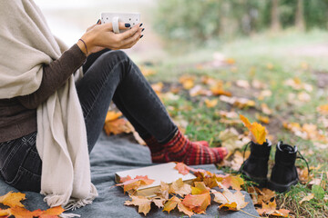Woman in brown sweater, black jeans and beige sweater warming hands on a white cup of tea. Hot drink. Autumn season. On plaid lying book and orange maple leaves. Selective focus.