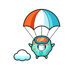 amoeba mascot cartoon is skydiving with happy gesture