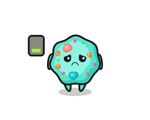 amoeba mascot character doing a tired gesture