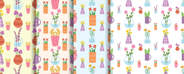 set of seamless pattern beautiful flowers with vase decorated