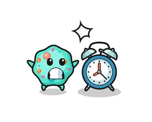 Cartoon Illustration of amoeba is surprised with a giant alarm clock