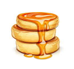 Pancake with honey. Sweet dessert breakfast. Isolated on white background. Vector illustration.
