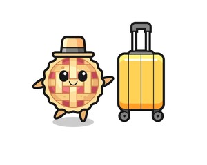apple pie cartoon illustration with luggage on vacation