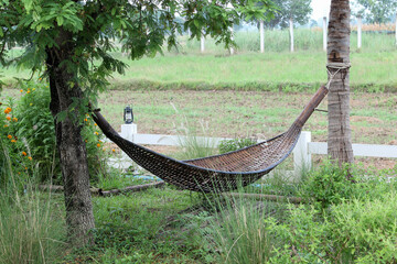 The bamboo hammock hanging between the trees in the garden.