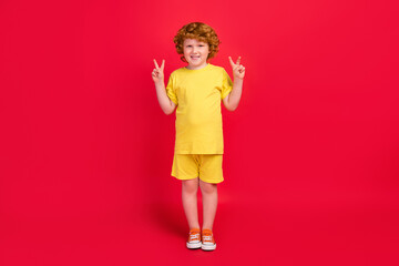 Photo of friendly positive little boy hands show two v-signs wear yellow t-shirt isolated red color background