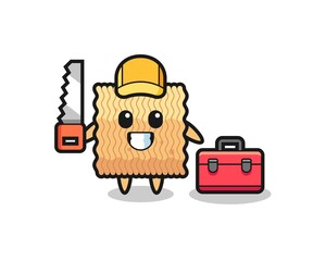 Illustration of raw instant noodle character as a woodworker