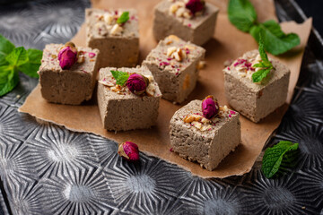 Halva with rose petal and nuts.