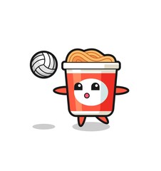 Character cartoon of instant noodle is playing volleyball