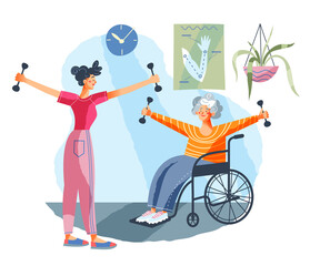 Senior woman in wheelchair doing exercises in medical rehabilitation and physical therapy centre. Lady in recovery in sport vector illustration. Young girl therapist helping in rehab
