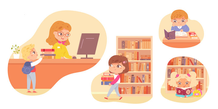 Children reading books and studying in library set. Happy little girls and boys learning activity vector illustration. Education and leisure, librarian at desk helping child