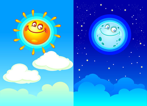 Day and night cartoon style.  Sun, clouds, moon and stars