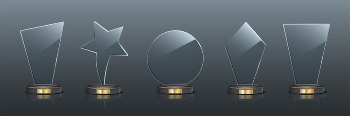 Award trophy set. Star and rectangle shaped glass prize statues on gray background. Champion glory in competition vector illustration. Hollywood fame in film or championship in sport