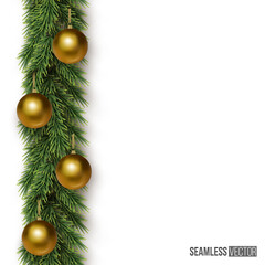 Fototapeta na wymiar Christmas and New Year background. Vector fir branch with golden Christmas balls on white background vertical seamless pattern.