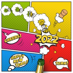 2022 New Year vertical postcard or greeting card template. Vector festive retro design in comic book style with champagne bottle and flying cork.