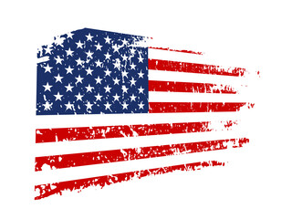 Grunge waving American flag isolated on white background. Scratched USA national symbol. Vector design element.