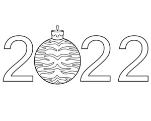 2022 - year of the tiger - vector linear lettering with striped Christmas ball. Year of the Tiger and a Christmas tree toy with the color of the Tiger. New Year Linear Lettering 2022 for coloring. Out