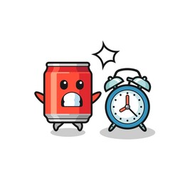 Cartoon Illustration of drink can is surprised with a giant alarm clock