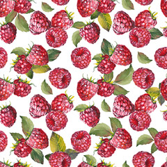 Seamless pattern with raspberries and leaves. Watercolor illustration on white background.