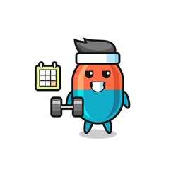 capsule mascot cartoon doing fitness with dumbbell