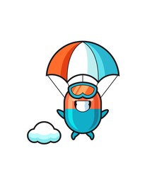 capsule mascot cartoon is skydiving with happy gesture