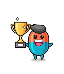 Cartoon Illustration of capsule is happy holding up the golden trophy
