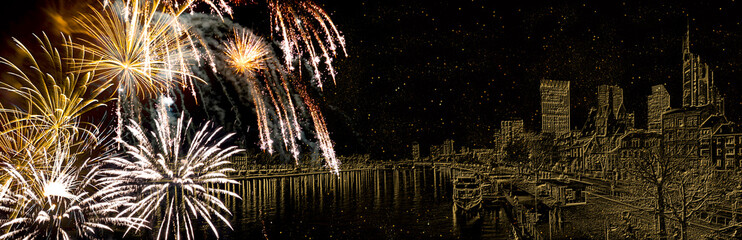 Fireworks with golden skyline of Frankfurt am Main on black background