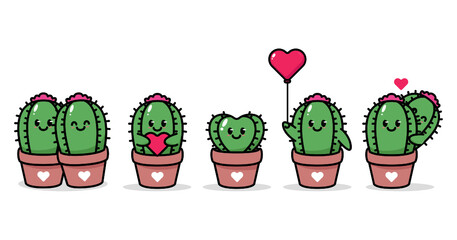 Set of cute cactus in Valentine's Day theme