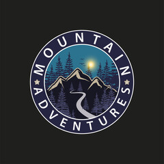 vintage explorer logo, wilderness, adventure, mountains and spruce emblem graphics.