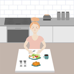 The girl in the kitchen sits at the table and has breakfast. Healthy diet. Healthy lifestyle. Home leisure.