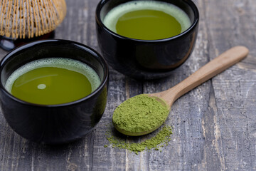 Matcha tea. Traditional Japanese drink.
Green tea, in ceramic dishes, in natural dishes. Matcha tea...