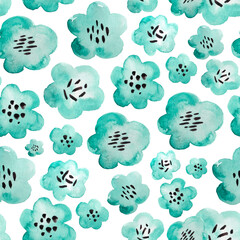 Delicate hand drawn watercolor flower in blue tones. Raster illustration.